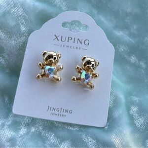 Ping Gold Teddy Bear Earrings with Heart Gem